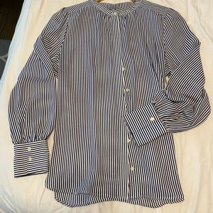 Navy and white striped silky shirt, beautiful details Loft, size Large